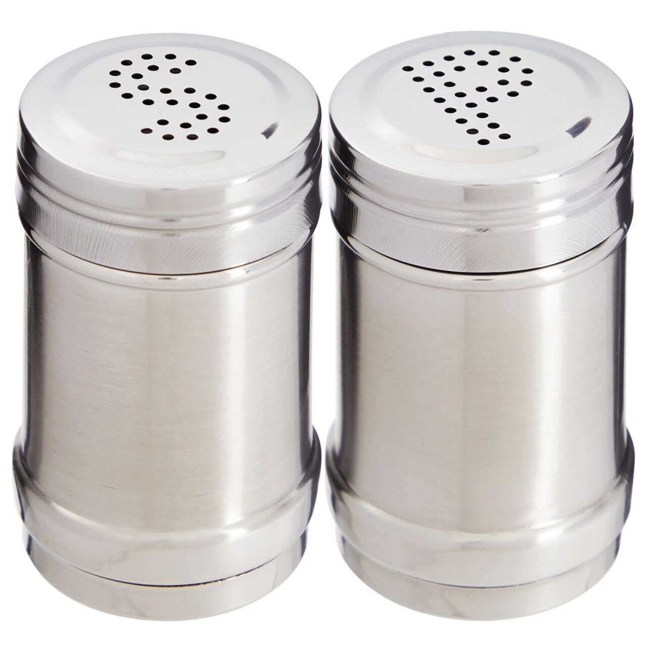 2 oz Stainless Steel Metal Salt and Pepper Shakers Set for Kitchen, Dinner Table, Cooking, Travel, Refillable, Perforated "S" and "P" Caps (3.5 in)
